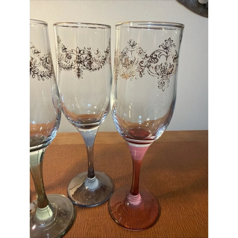 Vtg Champagne Toasting Flutes Colored Iridescent Stem Gold Trim Wedding Set Of 4